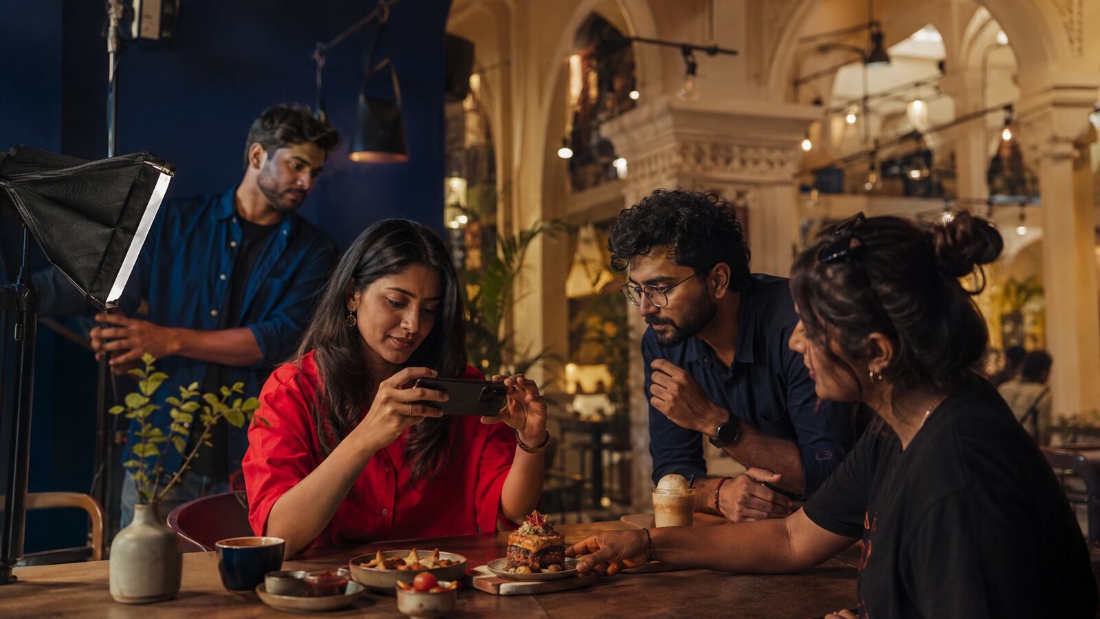 Illustration of a creator team filming food content in a Hyderabad café